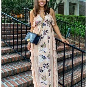 TJD The Jetset Diaries Sz S Beige Ruffled Floral Print Long Maxi Dress V Neck